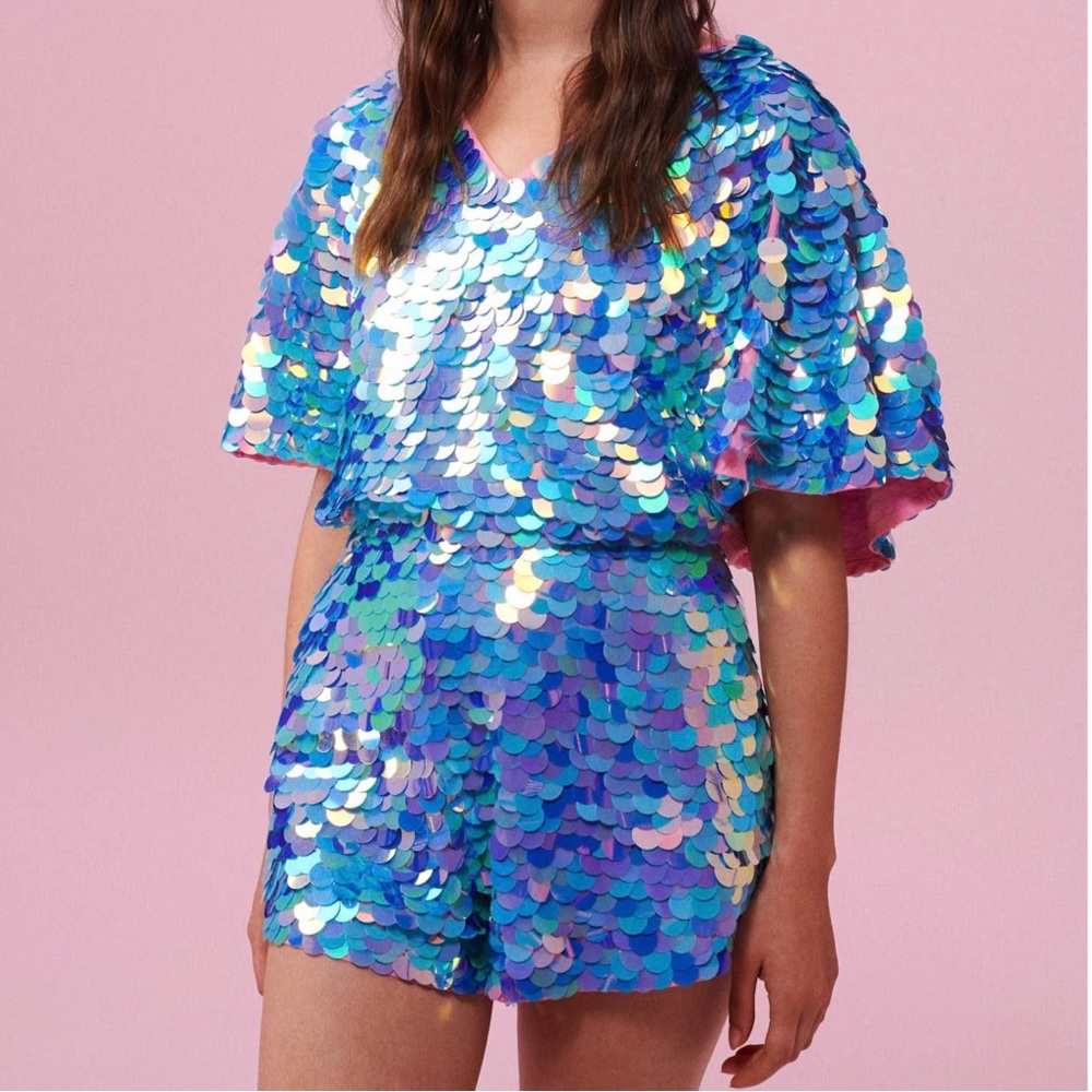 Rosa Bloom Mella Sequin Cape Romper Jumpsuit Amethyst